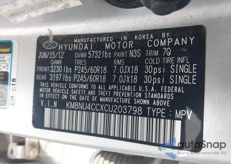 2012 Hyundai Veracruz Limited z USA, uszkodzony, nr VIN KM8NU4CCXCU203798